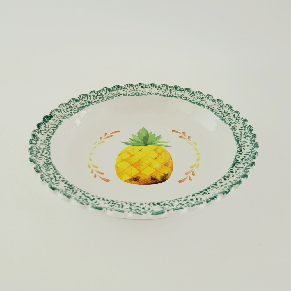 Ceramic Pie Plate Pineapple Design, Orange & Yellow w/ Green Trim Summer Decor